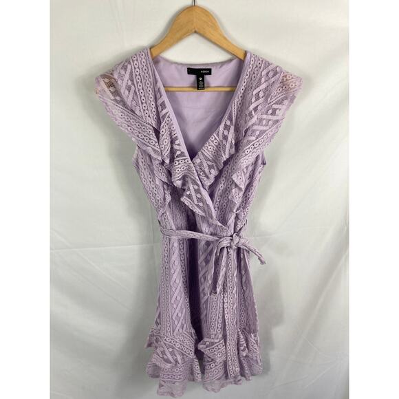 Aqua Ruffled Lace Faux Wrap Dress Purple Size Medium - Picture 2 of 7